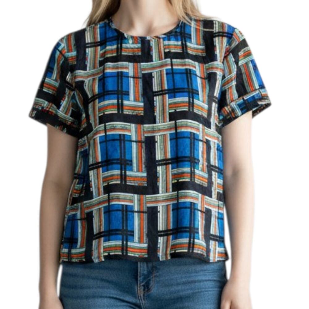 Women's The Kooples Geometric Short Sleeve Blouse Multicolor Blue Black Top 0
